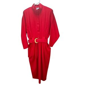 Rabbit Designs Midi Powersuit Dress 10 Red Vintage 80s Belted Mock Neck Work USA